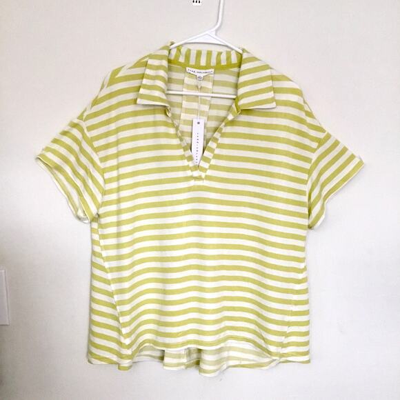 Jane and Delancey Tops - Jane and Delancey Green White Striped V Neck Top sz L Short Sleeve Collared